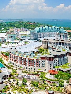 Aerial view of Sentosa Island's Resorts World complex in Singapore.