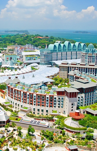Aerial view of Sentosa Island's Resorts World complex in Singapore.