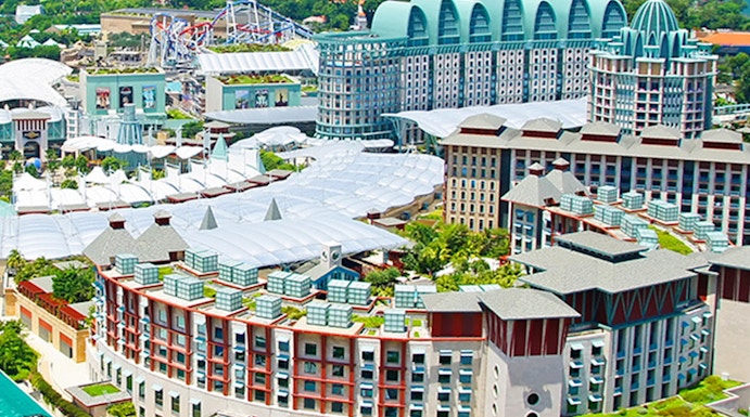 Aerial view of Sentosa Island's Resorts World complex in Singapore.