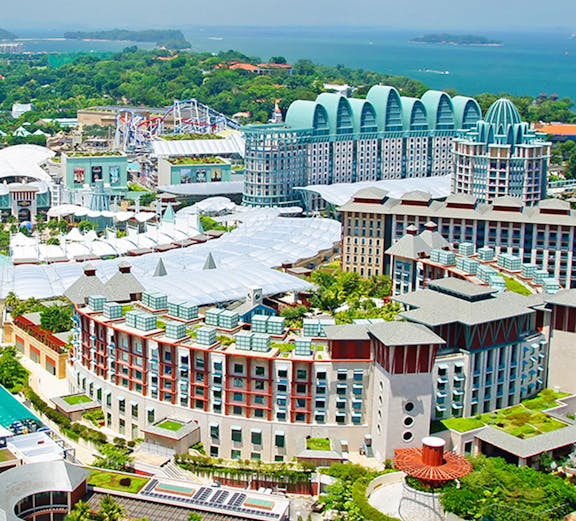 Aerial view of Sentosa Island's Resorts World complex in Singapore.