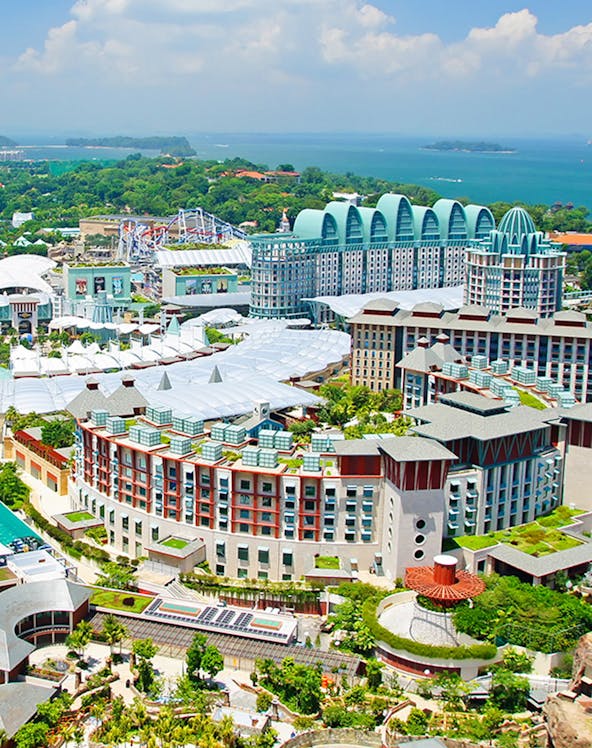 Aerial view of Sentosa Island's Resorts World complex in Singapore.