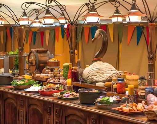 Festive buffet spread at Hobbiton Movie Set for a themed lunch on Auckland tour.