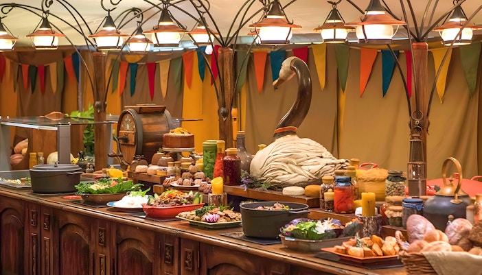 Festive buffet spread at Hobbiton Movie Set for a themed lunch on Auckland tour.