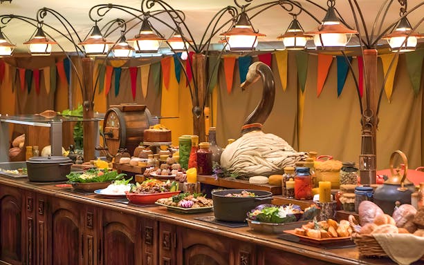 Festive buffet spread at Hobbiton Movie Set for a themed lunch on Auckland tour.