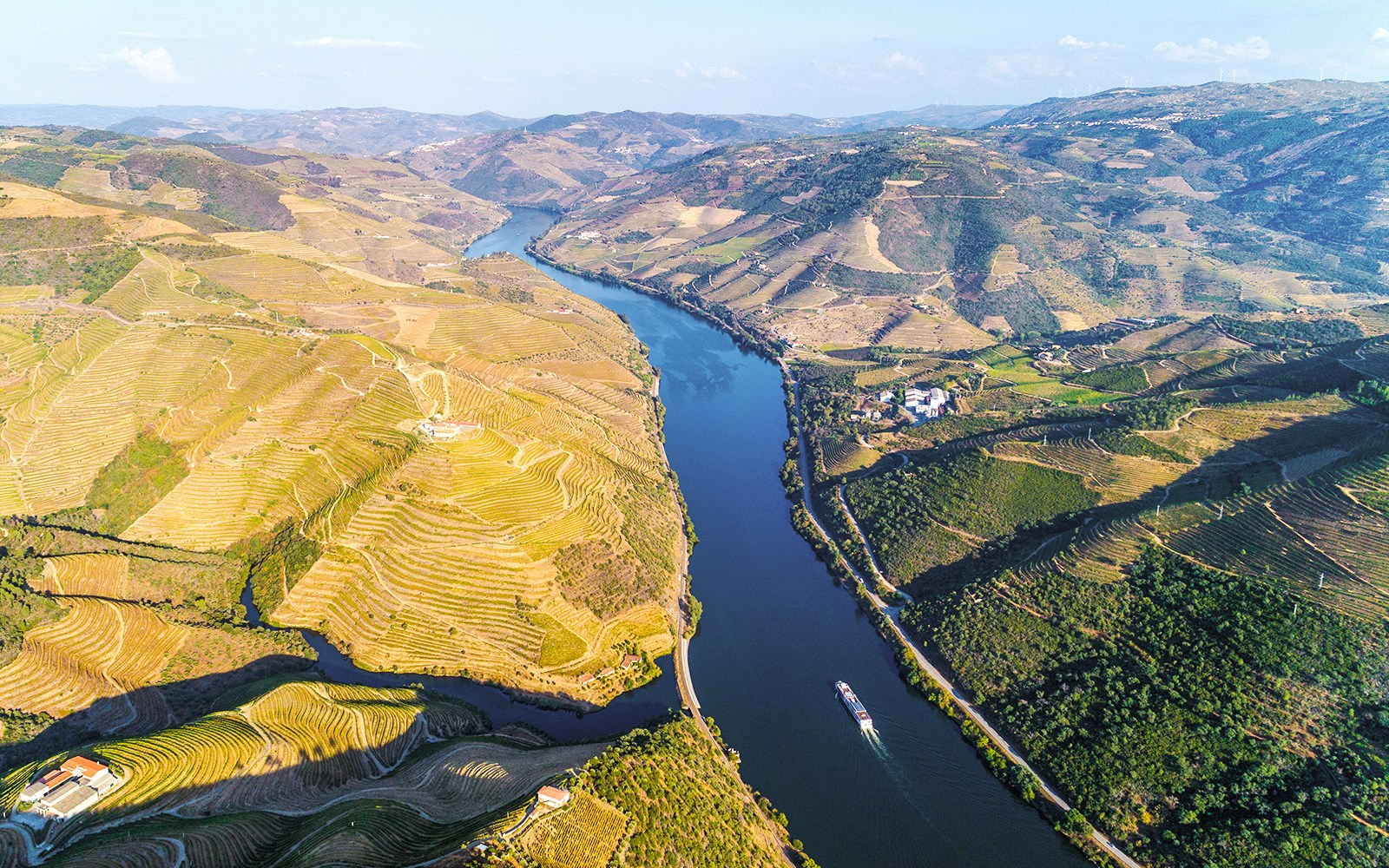 Aerial view of Douro Valley vineyards and river from São Leonardo de Galafura viewpoint, Portugal.