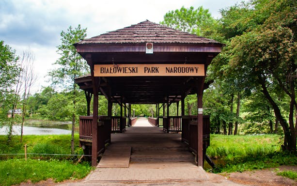 Entrance to Bialowieza National Park with wooden bridge and lush greenery.
