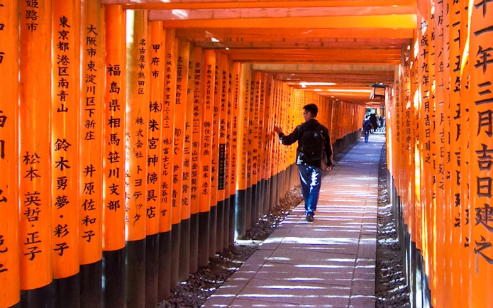 Person walking through Fushimi Inari Shrine's torii gates in Kyoto.