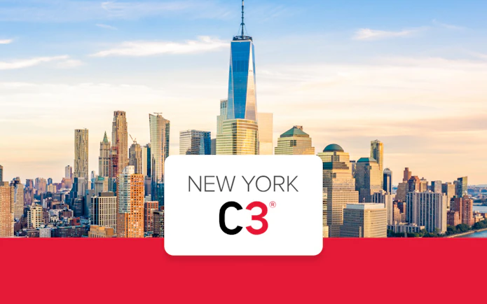 New York City skyline with One World Trade Center, promoting CityPASS C3 attractions.