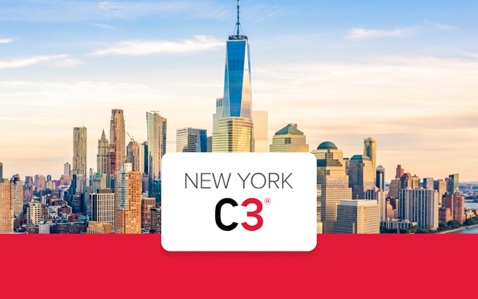New York City skyline with One World Trade Center, promoting CityPASS C3 attractions.