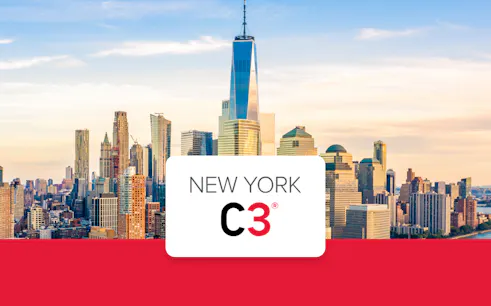 New York City skyline with One World Trade Center, promoting CityPASS C3 attractions.