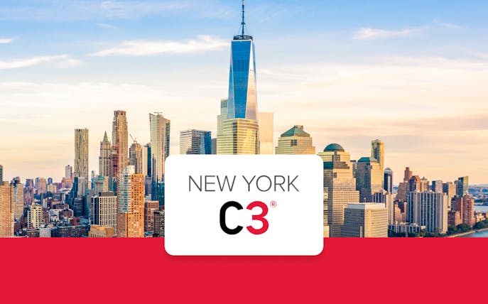 New York City skyline with One World Trade Center, promoting CityPASS C3 attractions.