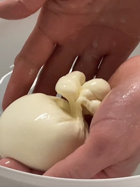 Person crafting burrata cheese at Cheese Museum, Paris, France.