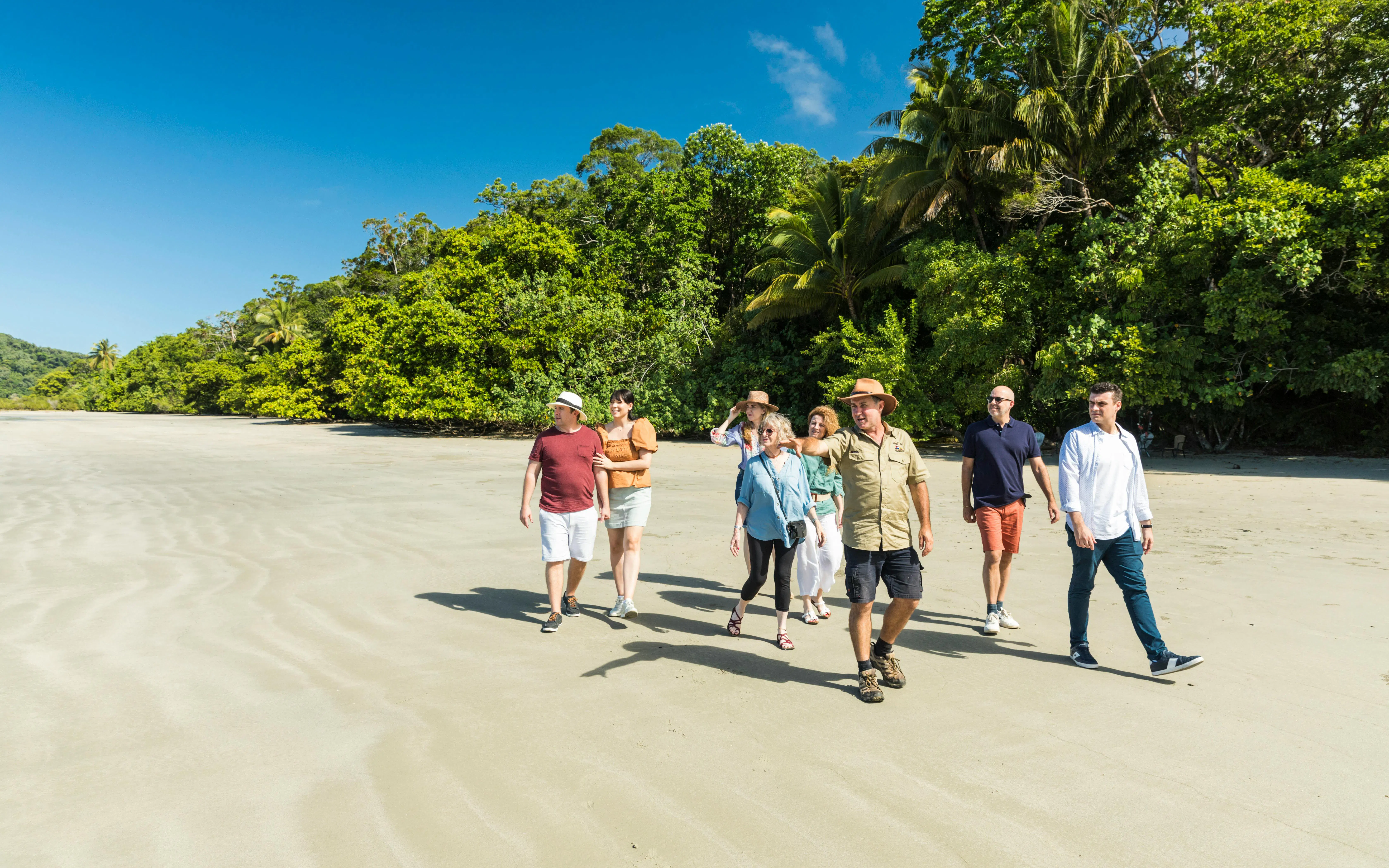 Group walking on a sandy beach in Daintree Rainforest, surrounded by lush greenery, during a guided tour.