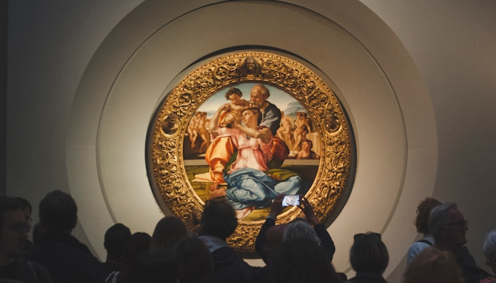 Michelangelo's Doni Tondo painting in Florence's Uffizi Gallery.