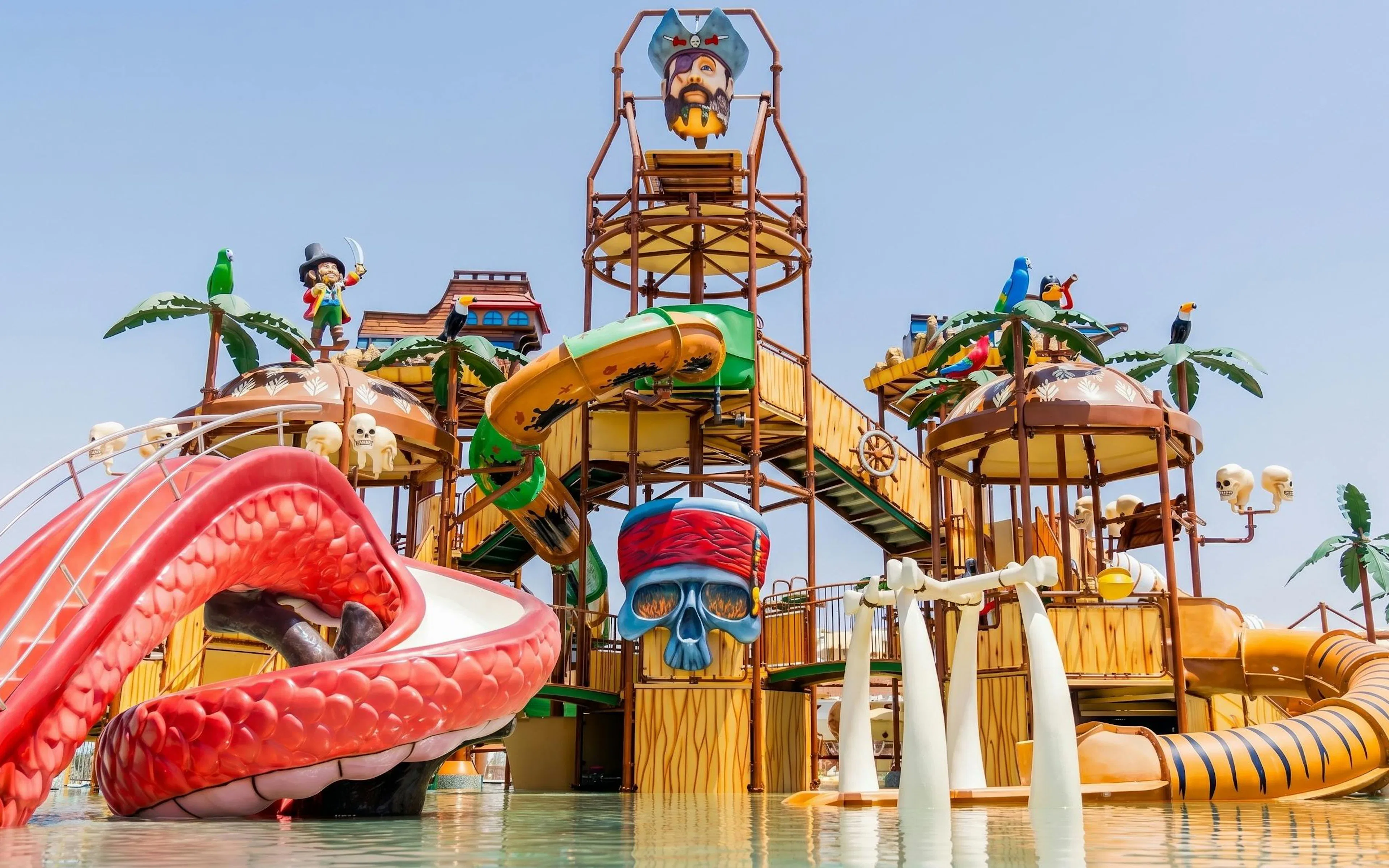 Pirate-themed slides and structures at Agadir Aqua Park.