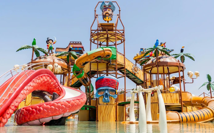 Pirate-themed slides and structures at Agadir Aqua Park.