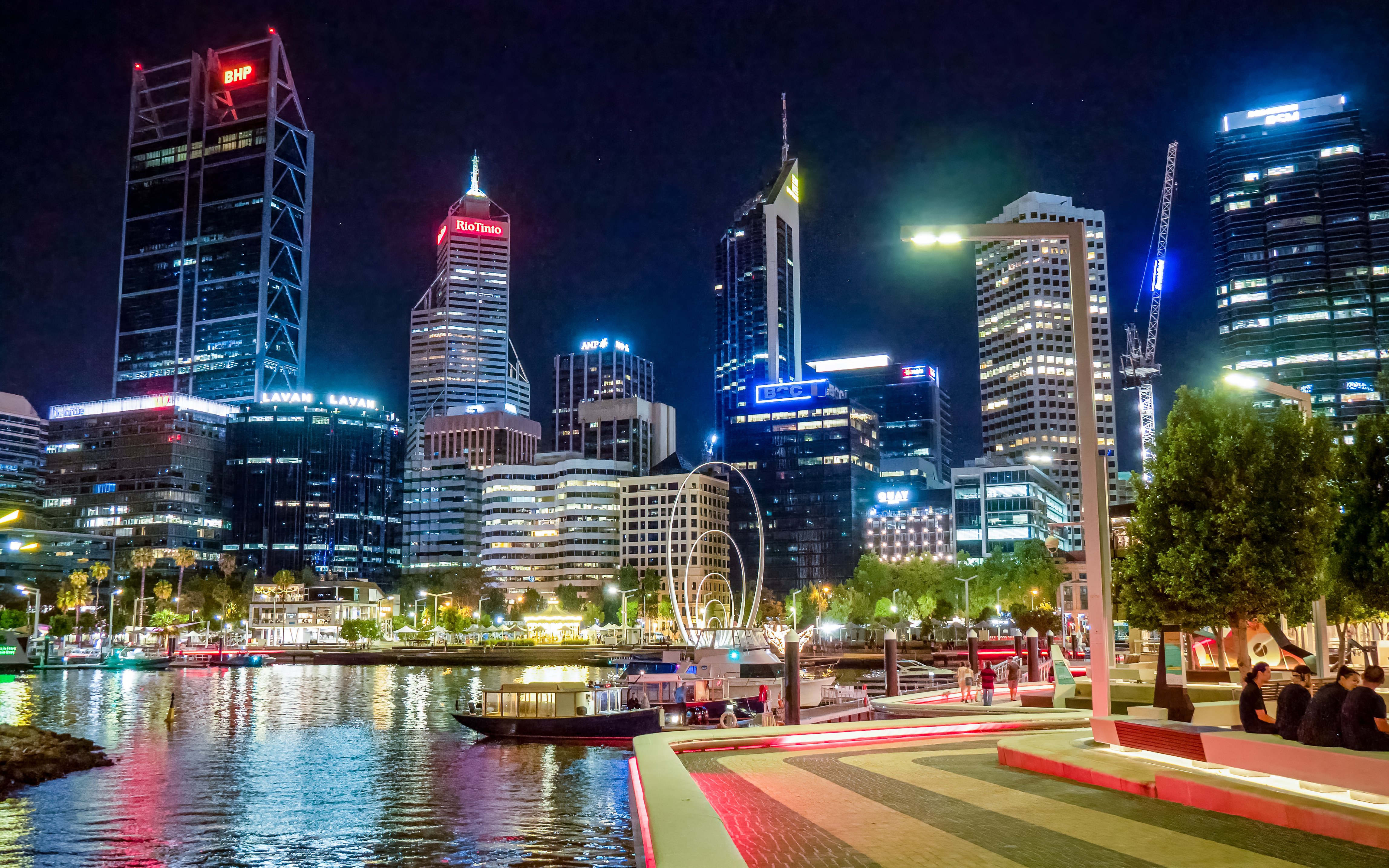 Christmas lights at Elizabeth Quay with Rio Tinot in the background, Perth