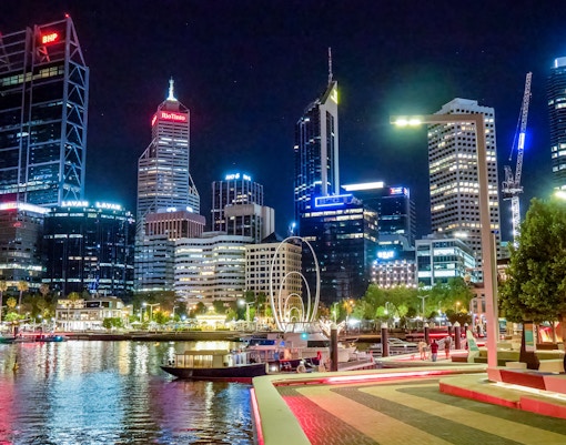Christmas lights at Elizabeth Quay with Rio Tinot in the background, Perth