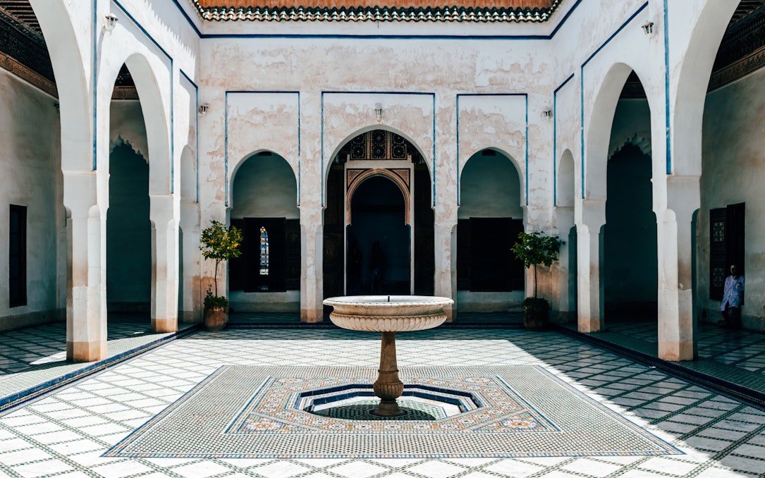 Bahia Palace courtyard with central fountain in Marrakech.