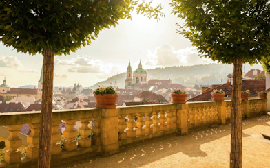 Prague Castle view from a terrace with trees and potted plants.