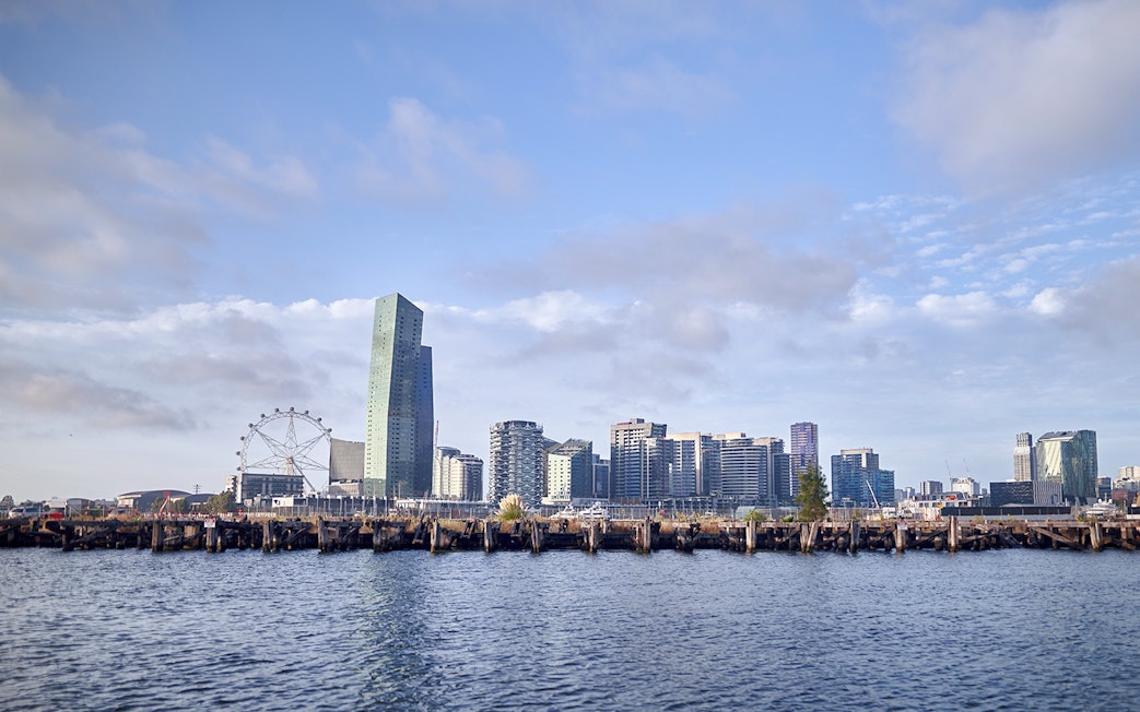 Melbourne skyline with Ferris wheel viewed from the river during a 2-hour cruise.