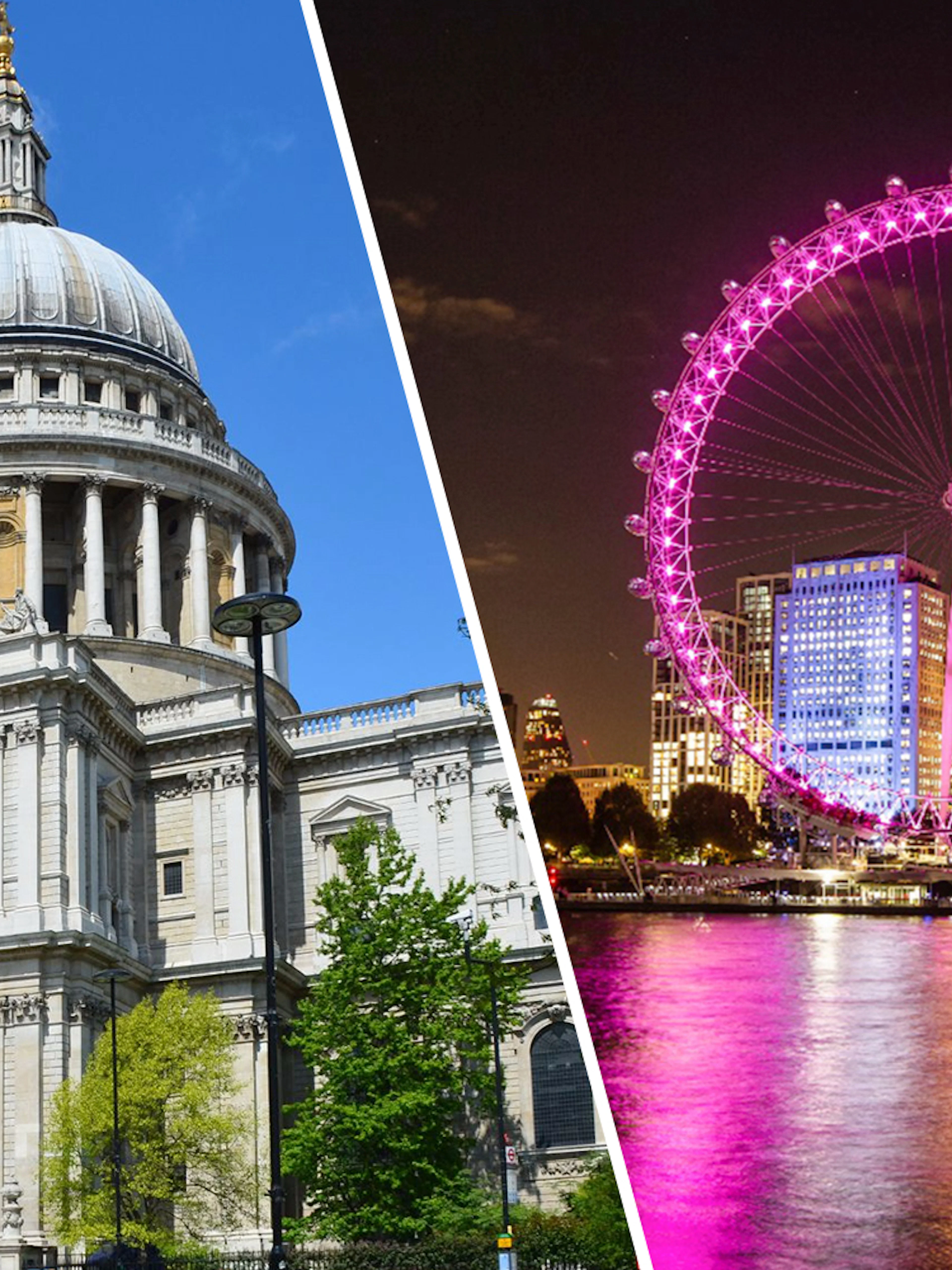 St Paul's Cathedral and illuminated London Eye at night, London.