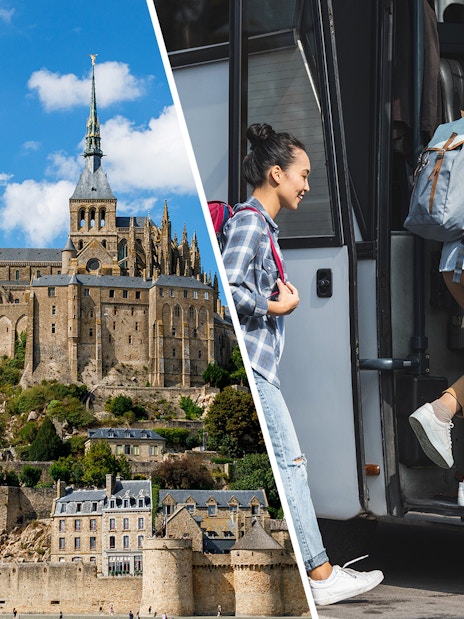 Mont Saint-Michel Abbey and tourists boarding a bus for Paris transfer.