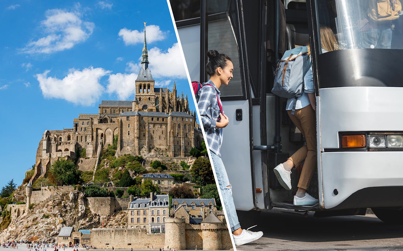 Mont Saint-Michel Abbey and tourists boarding a bus for Paris transfer.