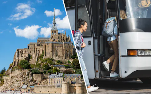 Mont Saint-Michel Abbey and tourists boarding a bus for Paris transfer.