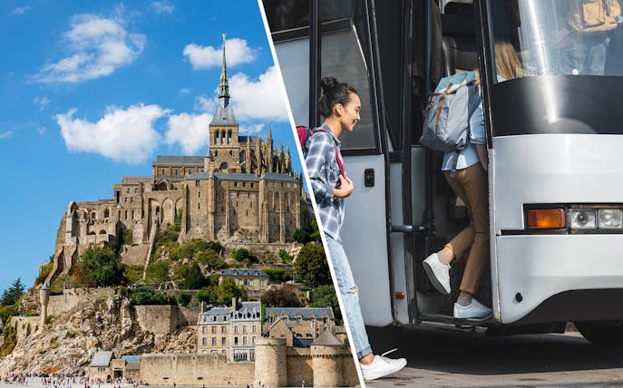 Mont Saint-Michel Abbey and tourists boarding a bus for Paris transfer.