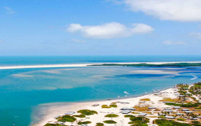 Aerial view of Atins beach with lagoons and coastline, part of the 4x4 tour from Sao Paulo.