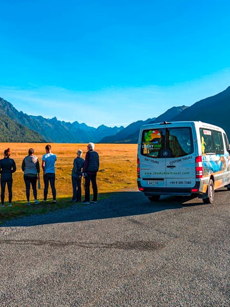 Tour group viewing Milford Sound landscape from roadside with tour van, New Zealand.