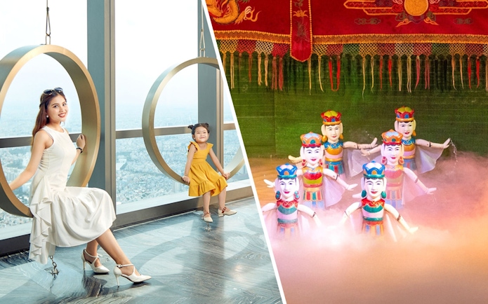 Visitors on circular swings at Saigon Skydeck, Bitexco Tower, and water puppets performing in Vietnam.