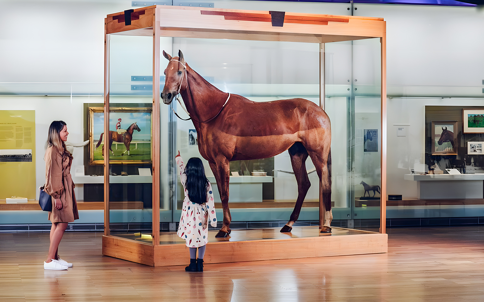 Phar Lap exhibit at Melbourne Museum with visitors observing.