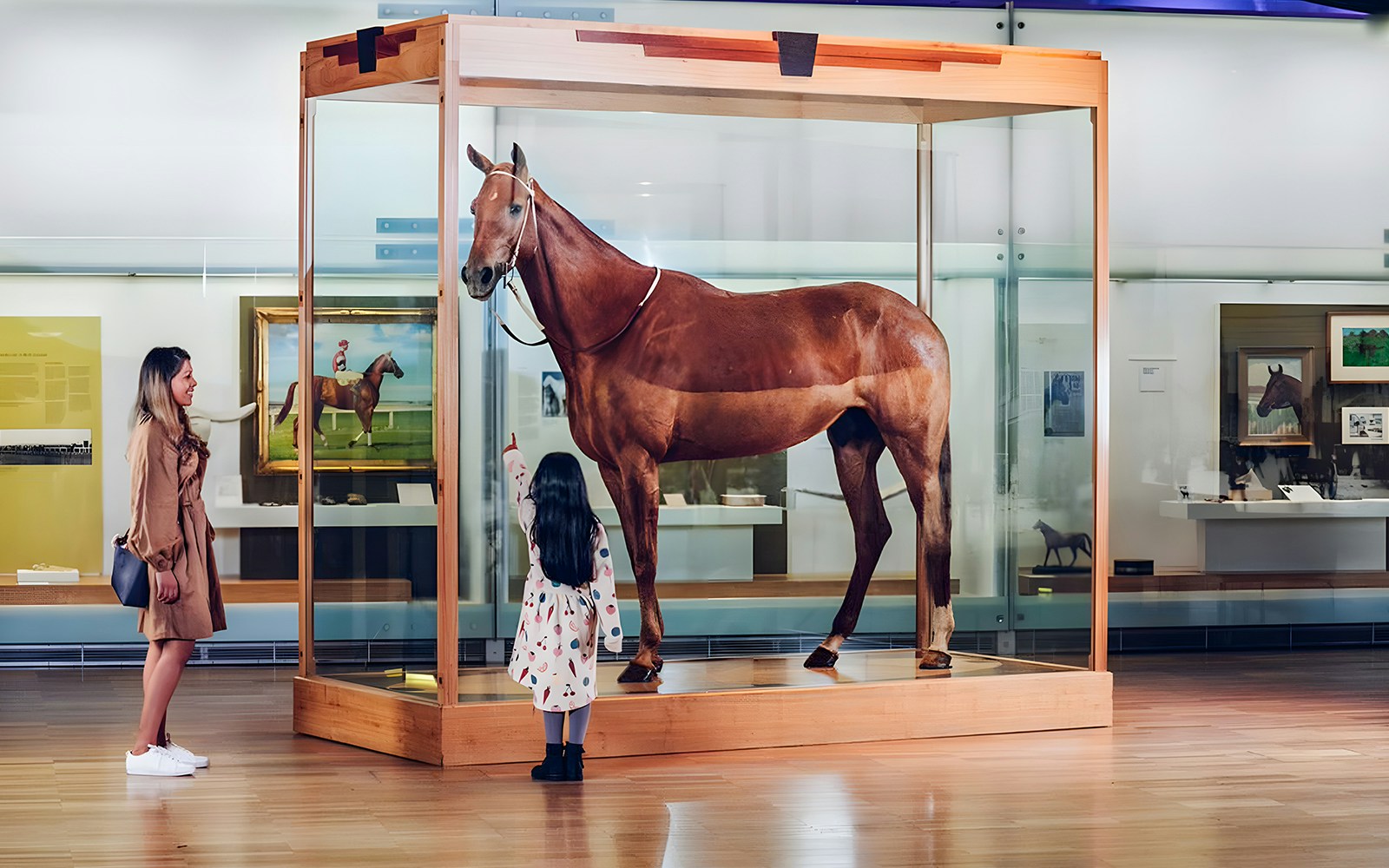 Phar Lap exhibit at Melbourne Museum with visitors observing.
