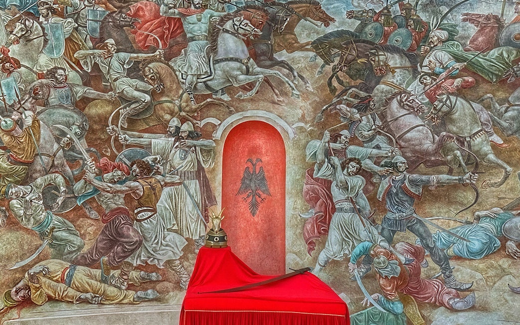 Mural depicting a historical battle scene inside the Skanderbeg Museum, Kruja Castle, Albania.
