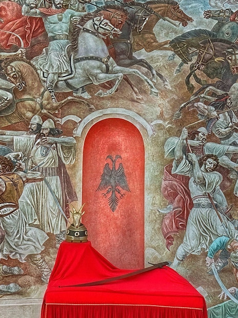 Mural depicting a historical battle scene inside the Skanderbeg Museum, Kruja Castle, Albania.