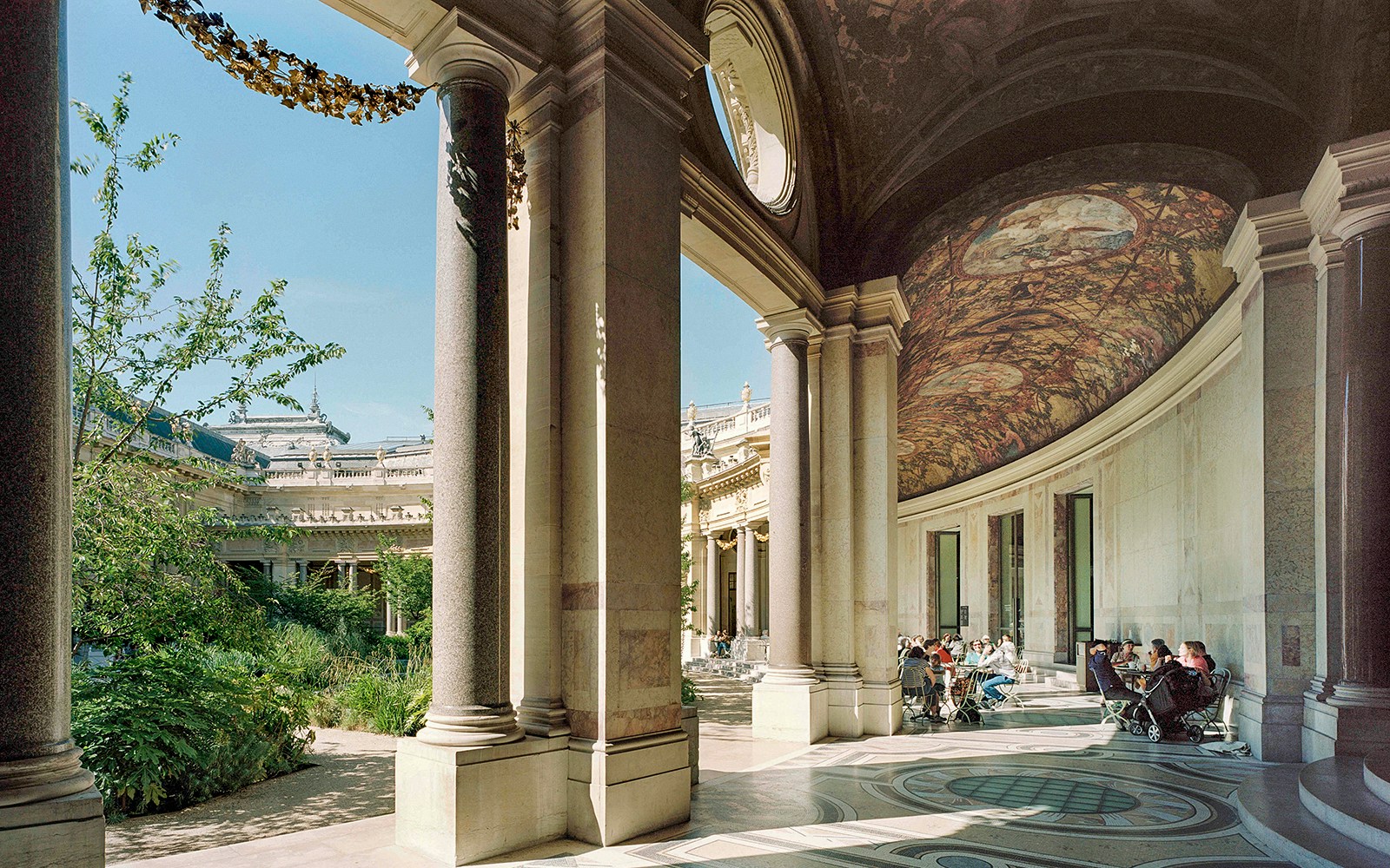 Petit Palais interior with visitors seated under ornate ceiling, Paris, Bruno Liljefors exhibition.