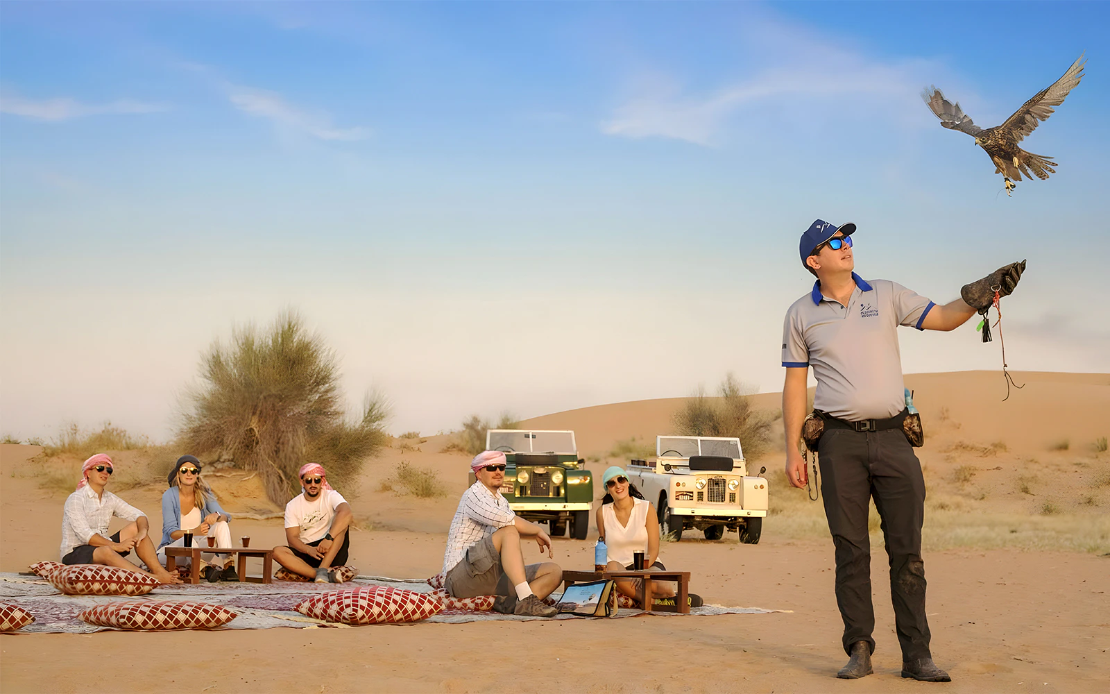 Desert safari group watching falconer with bird in flight, vintage jeeps in background.