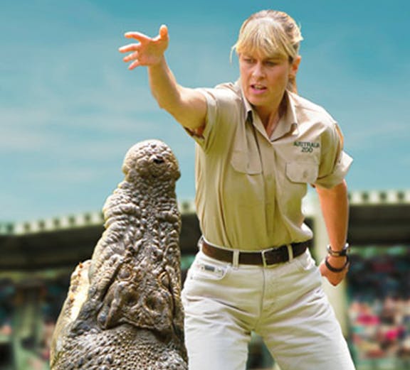 Australia Zoo staff member interacting with a crocodile at Crocmuseum exhibit.