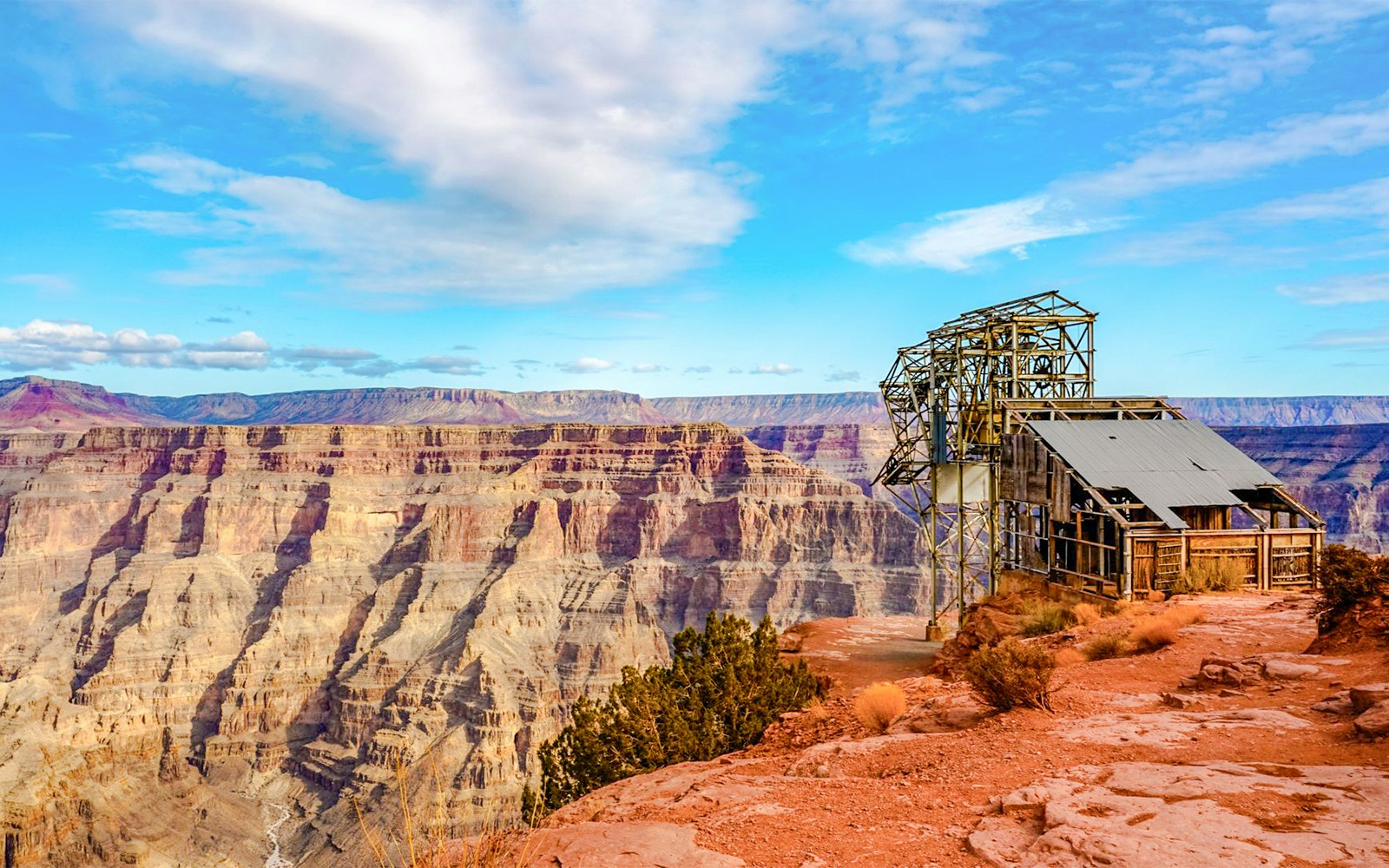 Guano Point view with historic tram structure, Grand Canyon West airplane tour.