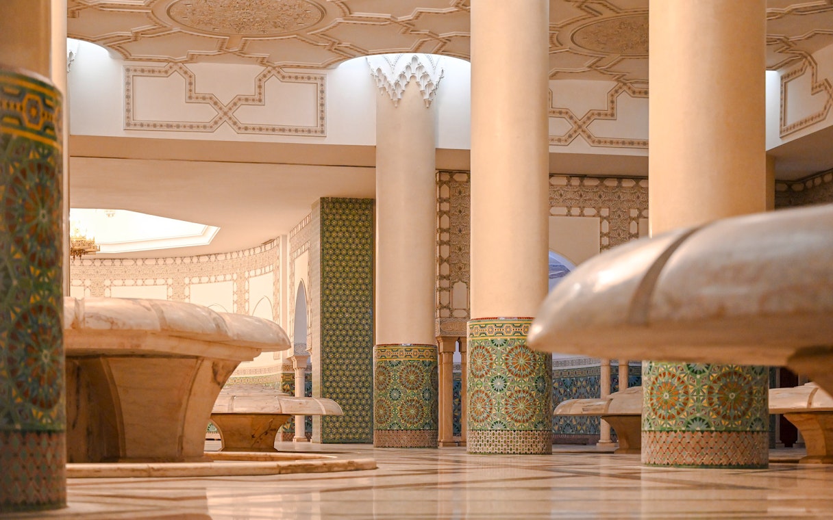 Abulation hall with ornate columns and arches, Hassan II Mosque, Casablanca.