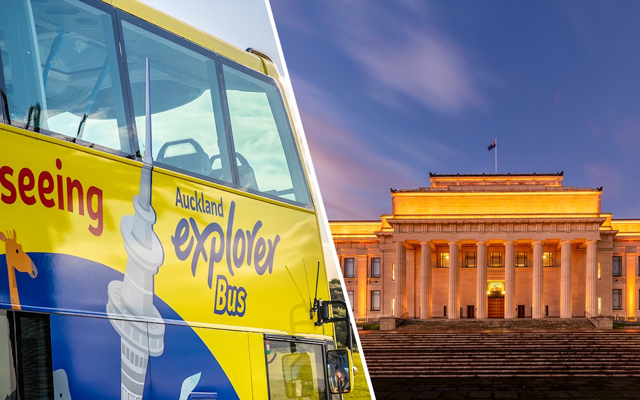 Auckland Explorer Bus and Auckland Museum at dusk.