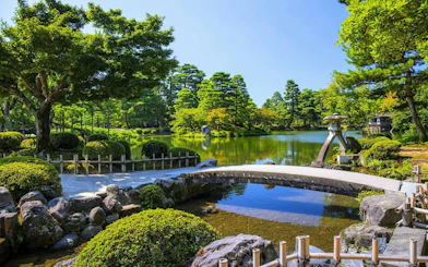 Serene garden with a stone bridge and pond in Shirakawa-go, Japan.