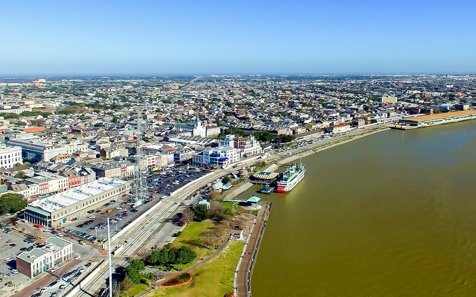 Aerial view of Mississippi river and French quarterin New Orleans, LA