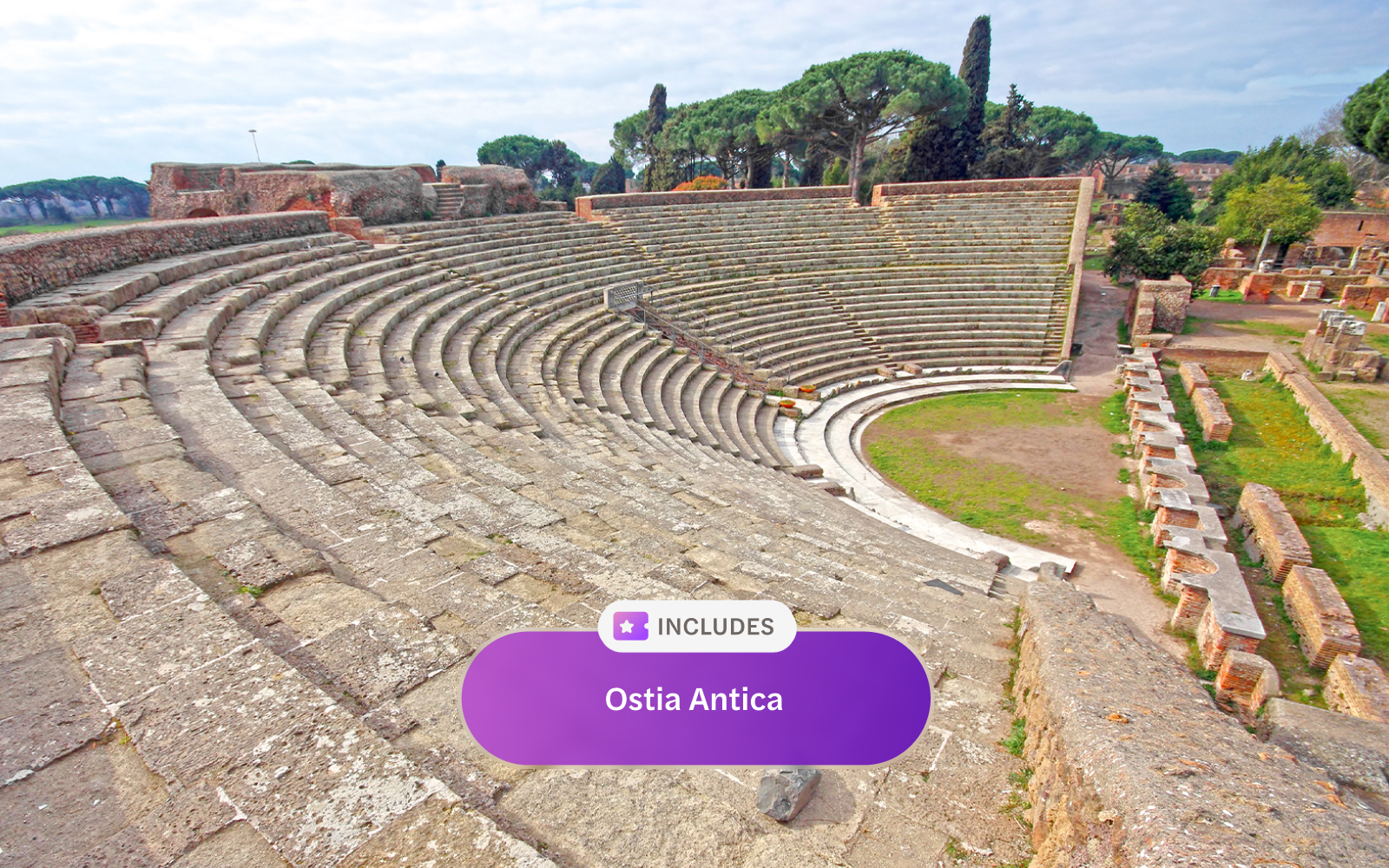 Ancient Roman amphitheater ruins at Ostia Antica, Italy.