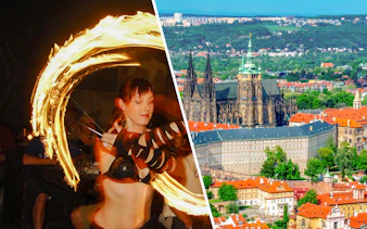 Medieval fire performer with Prague Castle in the background.