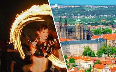 Medieval fire performer with Prague Castle in the background.