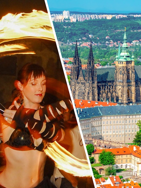 Medieval fire performer with Prague Castle in the background.