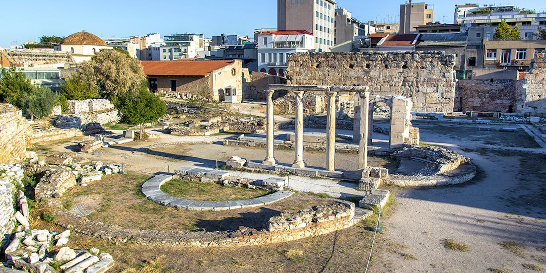 Ancient ruins of Hadrian's Library in Athens with columns and stone walls